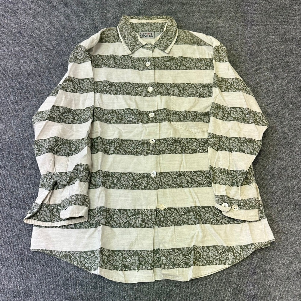 Lemon Grass Shirt Womens Size M Green Floral Stripe Cotton Long Sleeve Button Up